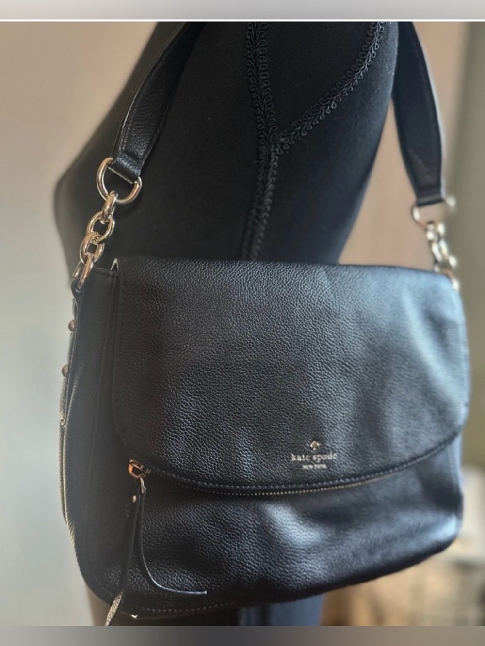 Kate Spade Black Leather Crossbody Bag Gold Chain Elegant Purse